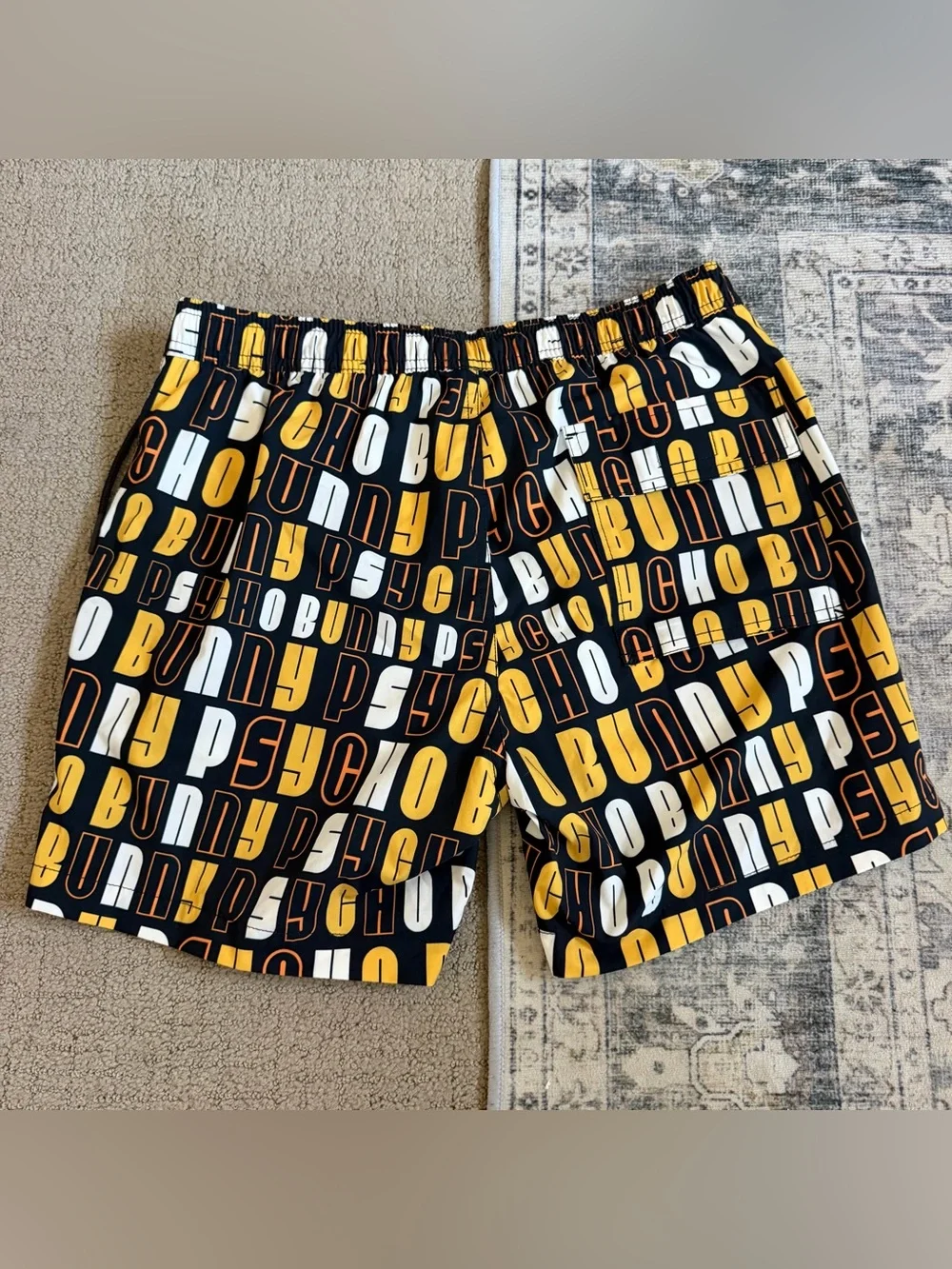 Psycho Bunny Men’s Swim Trunks Lined Shorts Sz S Spellout 5” Inseam Blue Yellow